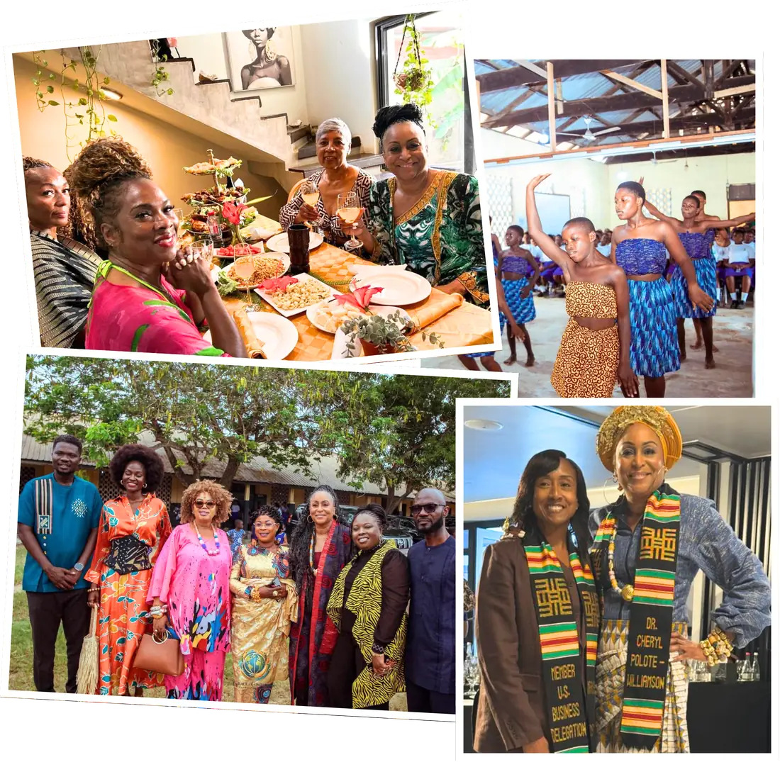 Women enjoying dinner, cultural dance and community moments in Ghana