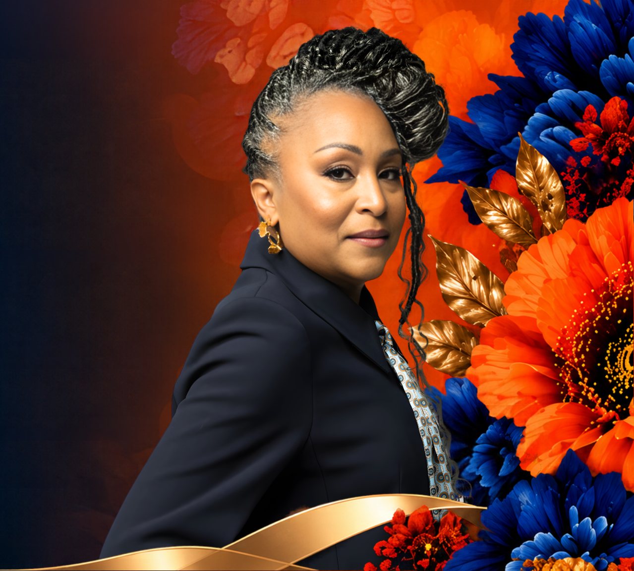 Dr. Cheryl Polote-Williamson surrounded by orange and blue florals