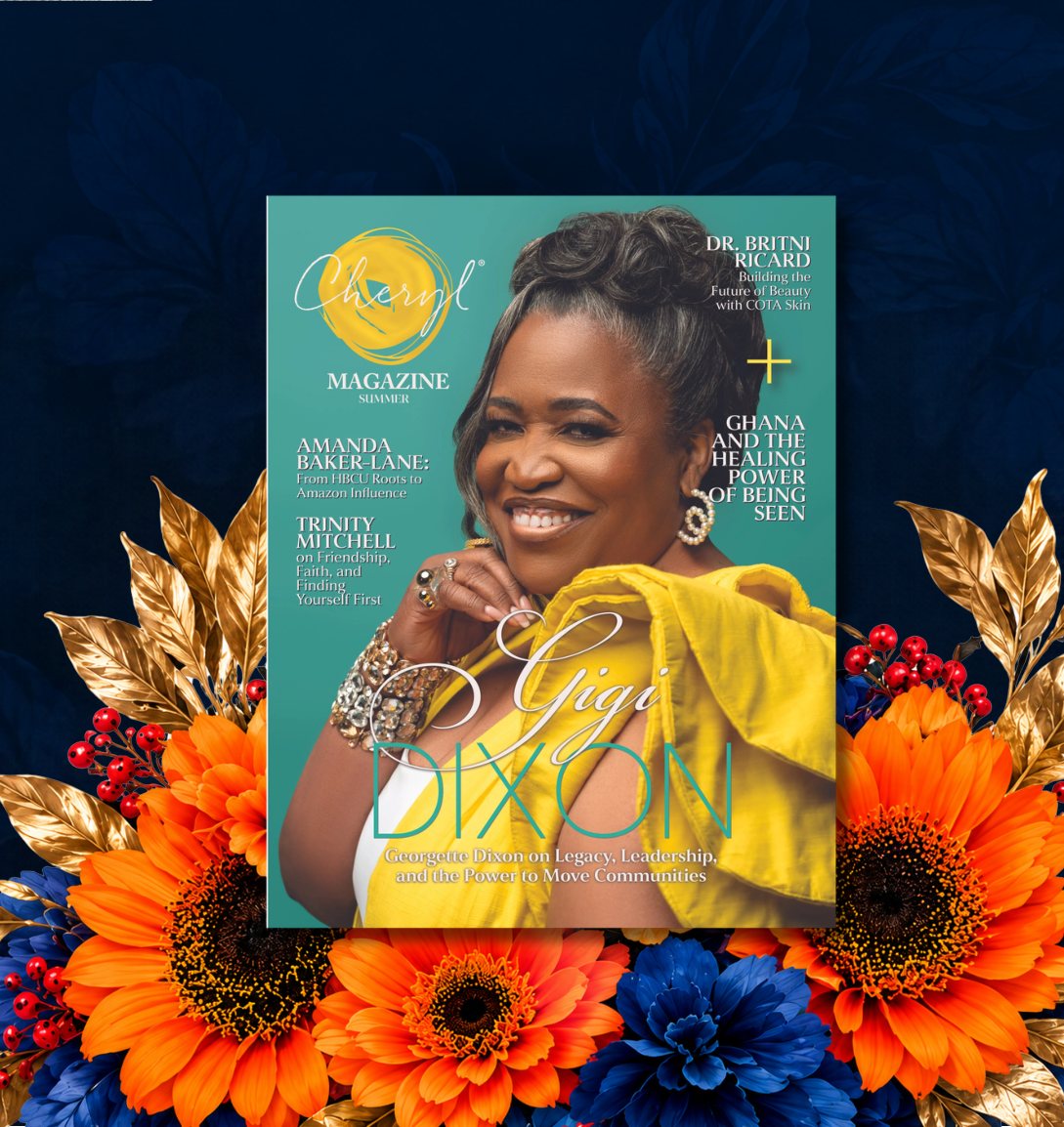 Cheryl Magazine cover surrounded by florals